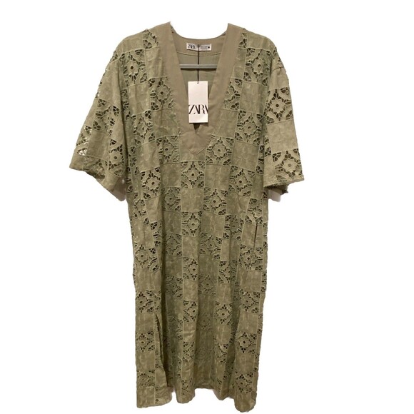 New Zara Women's Embroidered Lace Oversized Dress Kaftan Sage Green Small - Picture 7 of 8